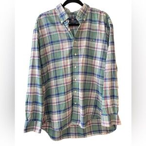 Vineyard Vines Pastel Green Pink Plaid Whale Shirt Mens XL 100% Cotton